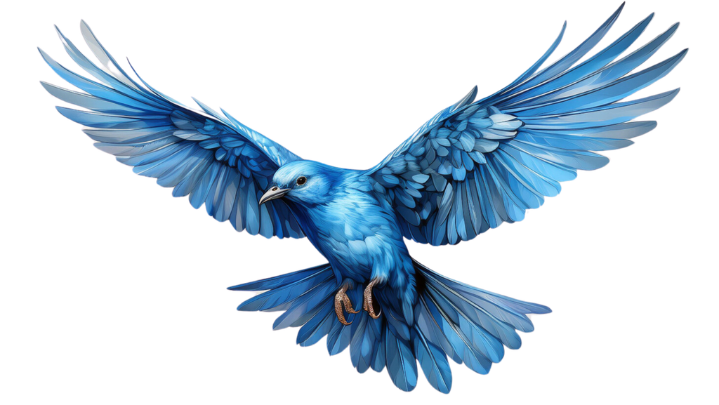 Blue and yellow budgerigar flying toward the camera with wings spread wide